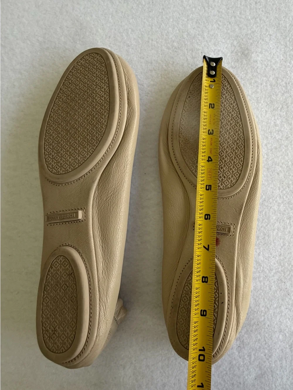 Tory Burch Minnie Travel Ballet Flats Beige Leather Crystal Pave Logo